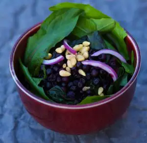 枯萎的蒲公英蔬菜沙拉配蓝莓和松子坚果
